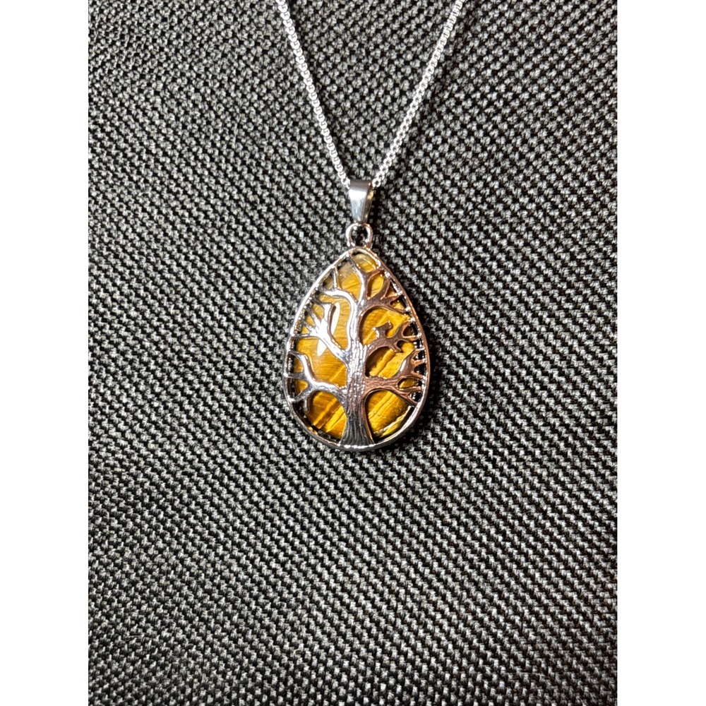 Tigers Eye Tree of Life Teardrop Pendant Necklace Stainless Steel Chain Silver